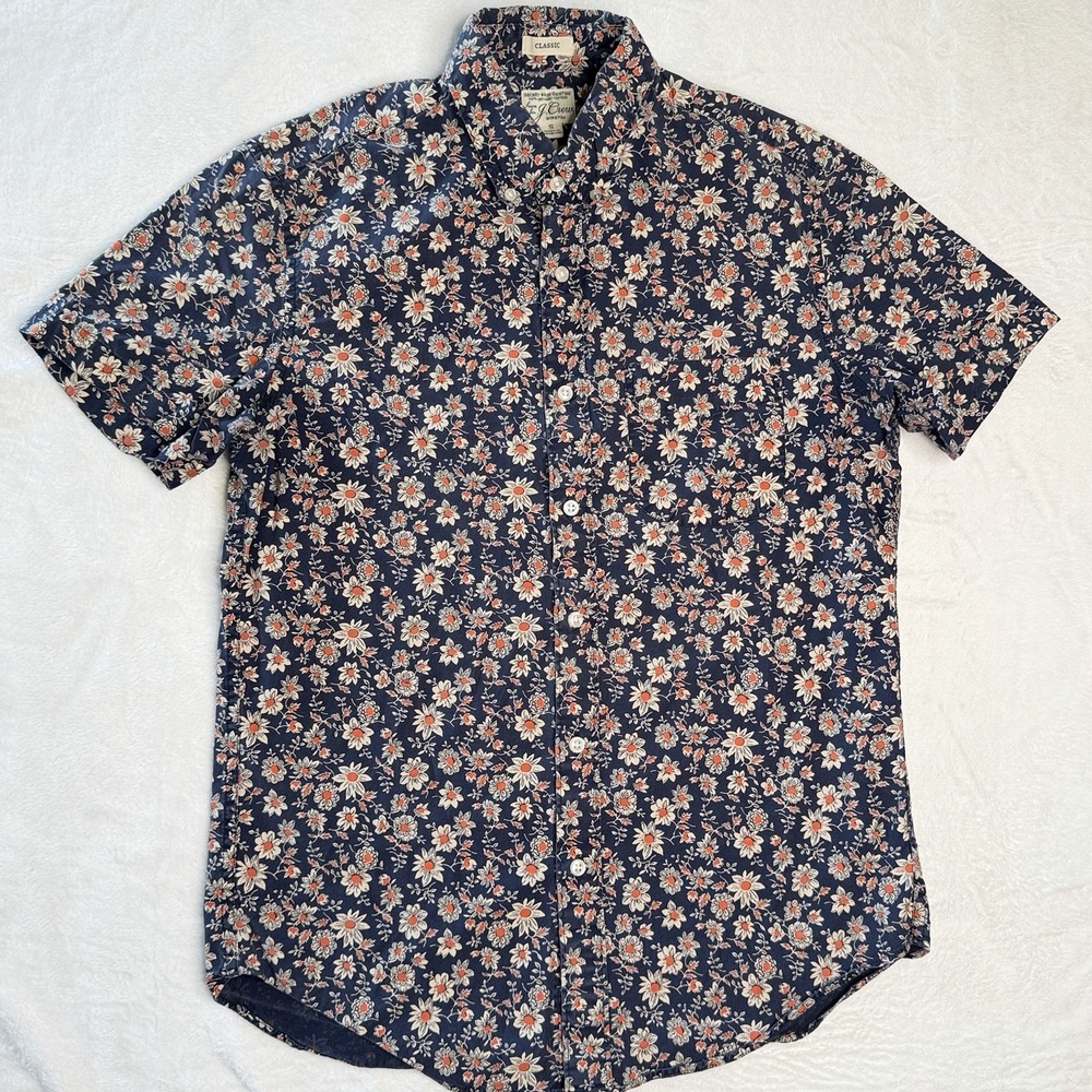 J.Crew Secret Wash Floral Shirt Small Organic Cotton Navy‎ Button Up Stretch